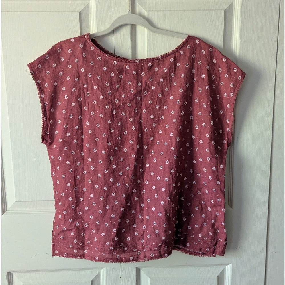 Garnet Hill Washed Linen Pintuck Top Sz M Floral Cap Sleeve Pintuck Boat Neck